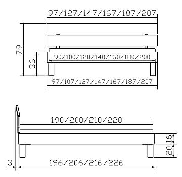 Massivholzbett Woodline Cantu Skizze