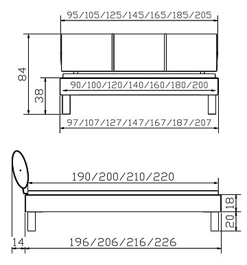 Massivholzbett Woodline Cantu3 Skizze