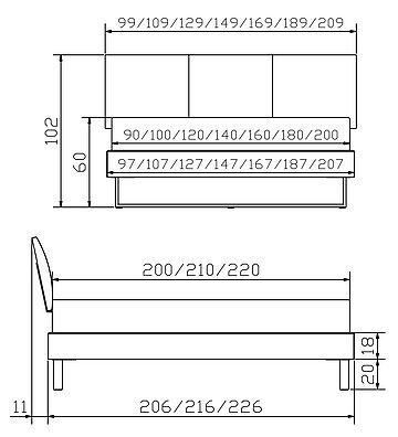 Massivholzbett Woodline Indus02 Skizze