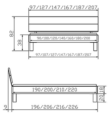 Massivholzbett Woodline Cantu8 Skizze